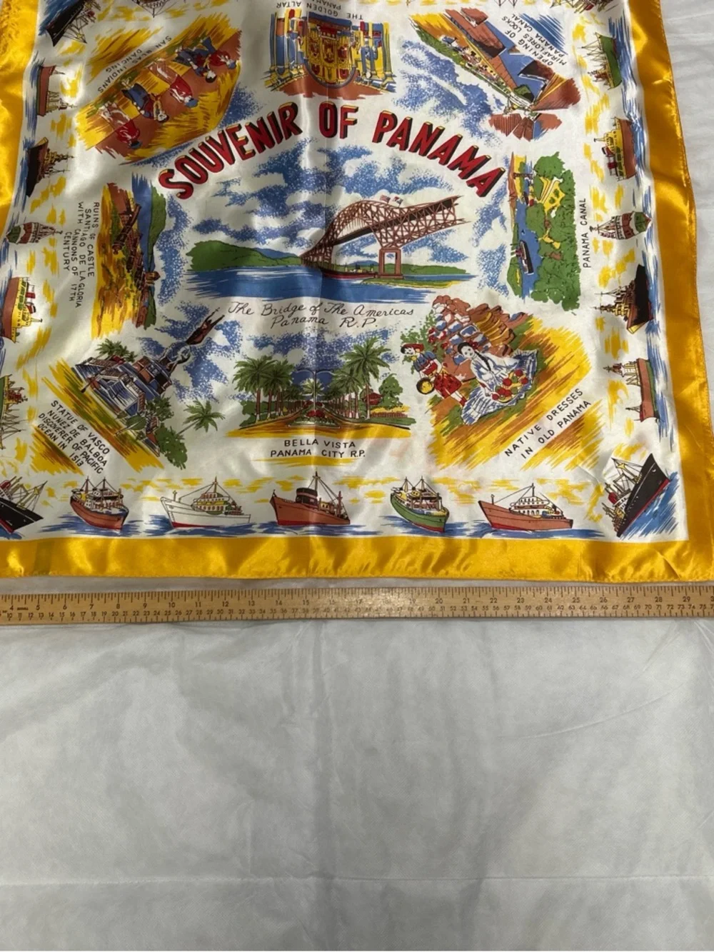 Souvenir of Panama Yellow Border Scenic Silk Scarf